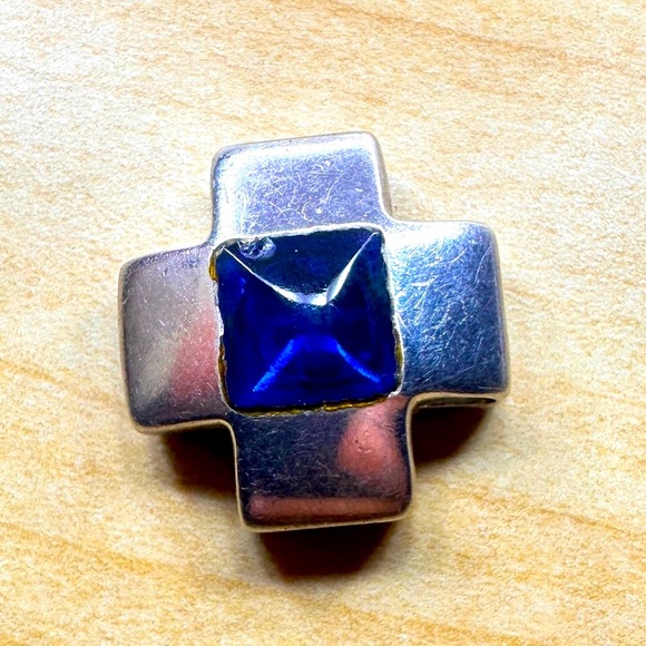 Sterling 925 Cross Pendant with Blue Gem / Rhinestone - Folli Folie - Picture 1 of 4